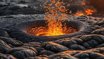 Lava Flows Through Crater with Bubbles in Volcanic Landscape photo