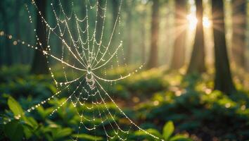 Spiderweb Covered with Morning Dew in Forest with Sunlight photo