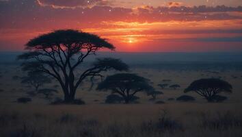 Savanna Landscape with Acacia Trees at Sunset with a Dramatic Sky photo