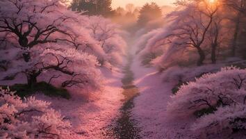 Blossoming Cherry Trees Line Pathway During Springtime with Warm Hues photo