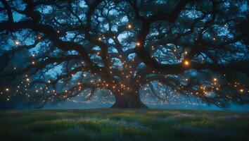 Majestic Tree Adorned with Fairy Lights on a Meadow at Twilight photo