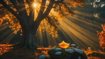 Honey in Glass Bowl Under Tree with Sun Rays in Autumn photo
