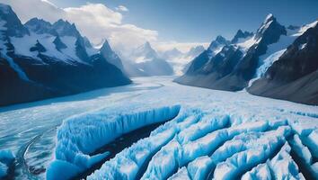 Glacier Flowing Between Majestic Mountains on a Bright Day photo