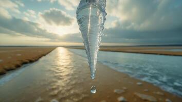 Melting Icicle Drips at Beach with Water Reflection During Sunset photo