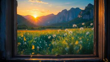 Viewing Mountain Meadow at Sunset Through Rustic Wooden Window Frame photo