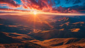 Rolling Hills Landscape at Sunset with Vibrant Clouds and Golden Light photo