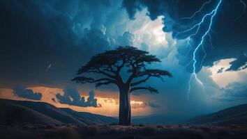 Lone Tree Silhouette Against Dramatic Lightning Storm Sky Landscape photo