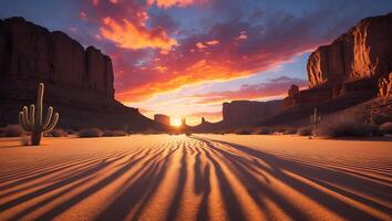Desert Landscape at Sunset with Cactus and Striking Sky Colors photo