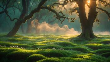 Magical Forest Glade with Ancient Trees and Morning Mist Scenery photo