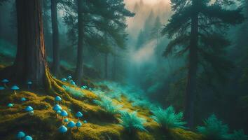 Magical Forest Floor with Mushrooms and Ferns in Misty Light photo