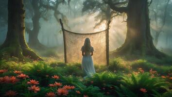 Woman Standing Before Net in Forest with Sunlight and Flowers photo