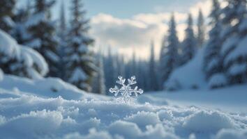 Snowflake on Snowy Ground with Winter Forest Scenery Backdrop photo