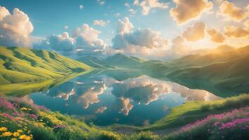 Scenic Lake Reflecting Clouds and Sky Surrounded by Green Hills photo