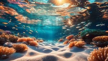 Underwater Scene with Coral Reef and School of Fish Swimming photo