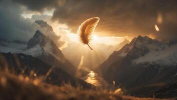 Floating Feather Overlooking Mountain Valley with Golden Sunset Light photo