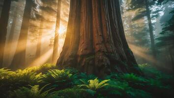 Sunlight Shining Through Forest Trees with Lush Green Ferns photo