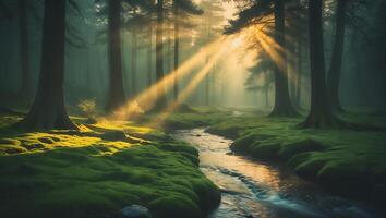 Sunlight Streaming Through Forest with Mossy Ground and Flowing Stream photo
