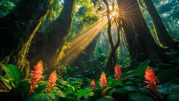 Sunlight Streaming Through a Lush Green Forest with Tropical Flowers photo