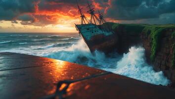 Shipwrecked Sailing Ship at Cliff Edge with Ocean Waves at Sunset photo