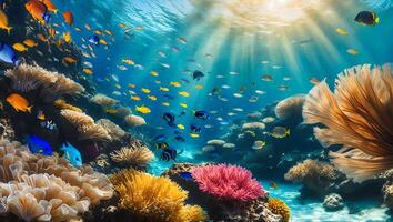 Underwater Coral Reef Habitat with Many Fish and Sunlight Streaming Through photo