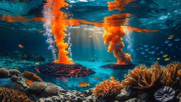 Underwater Scene Featuring Coral Reef, Lava, Fish, and Sun Rays photo