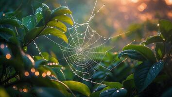 Dew Covered Spiderweb Weaving Through Green Foliage in Soft Morning Light photo