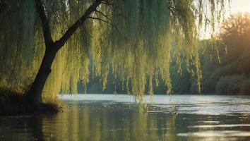 Willow Tree Overhanging Calm Water at Sunrise Reflecting Soft Light photo