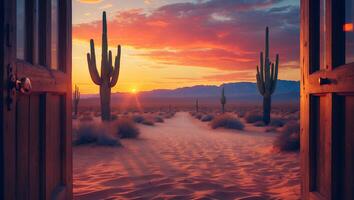 Viewing Desert Sunset Through Open Door with Cacti and Mountain Range photo