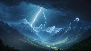 Lightning Strikes Above Snowy Peaks Over Valley in Dramatic Weather photo