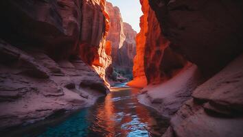 River Flows Through Striking Red Rock Canyon Landscape with Sunlight photo
