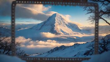 Snowy Mountain Peak Framed by Metal Structure and Winter Landscape photo