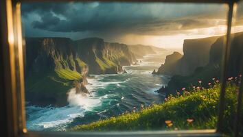 Viewing Dramatic Coastal Cliffs and Ocean Waves Through Open Window photo