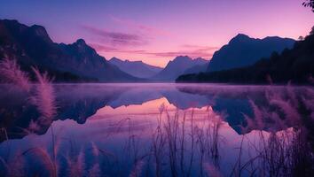 Lake Reflecting Mountains at Dusk with Reeds and Mist photo