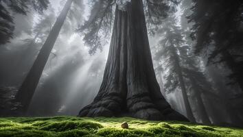 Exploring Giant Tree in Misty Forest with Sunlight Streaming Through photo