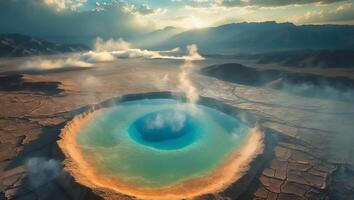 Geothermal Spring Aerial View with Steam Rising at Golden Hour photo