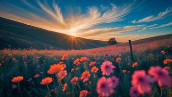 Field of Flowers at Sunset Under a Dramatic Blue Sky photo