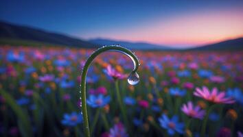 Water Droplet on Stem Reflecting Meadow at Dusk for Spring photo