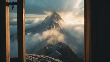 Mountain Peak View Through Wooden Frame with Clouds and Sunlight photo