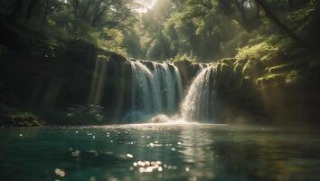 Waterfall Cascading Into Clear Pool with Forest Backdrop in Sunlight photo