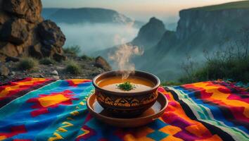 Enjoying Hot Soup Outdoors with a Mountain View on Colorful Blanket photo