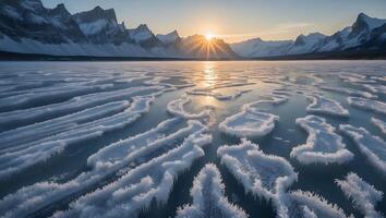 Frozen Lake at Sunrise with Mountains and Ice Formations photo