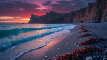 Coastal Cliffside Beach at Sunset with Breaking Waves and Rocky Shore photo