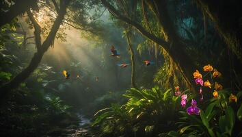 Flying Macaws in Lush Jungle with Sunlight Streaming Through Trees photo