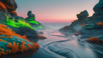 Flowing River Through Rocky Landscape at Sunset with Foggy Horizon photo