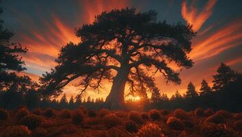 Majestic Tree Silhouette Against Striking Sunset with Forest Floor Texture photo