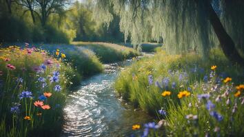 Stream Flowing Through Wildflower Meadow on Sunny Spring Day photo
