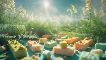 Arrangement of Colorful Candies on Surface with Ferns and Sunny Sky photo
