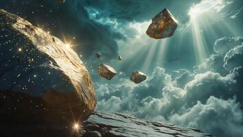 Floating Rocks in Cloudy Sky with Light Rays Fantasy Landscape photo
