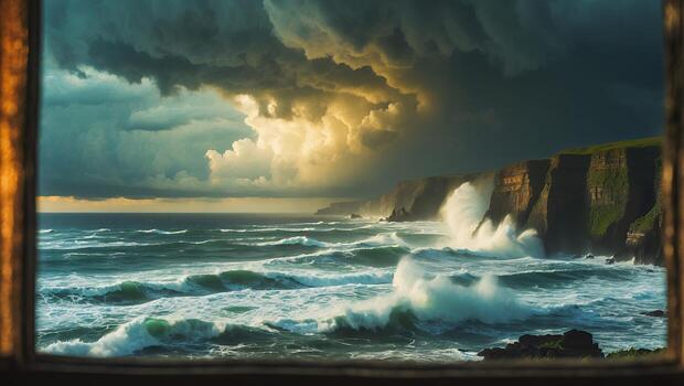 Ocean Waves Crashing on Cliffs Viewed Through a Rustic Window Frame photo