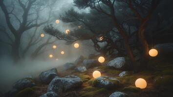 Illuminated Spheres in Foggy Woods Create Mystical Atmosphere photo